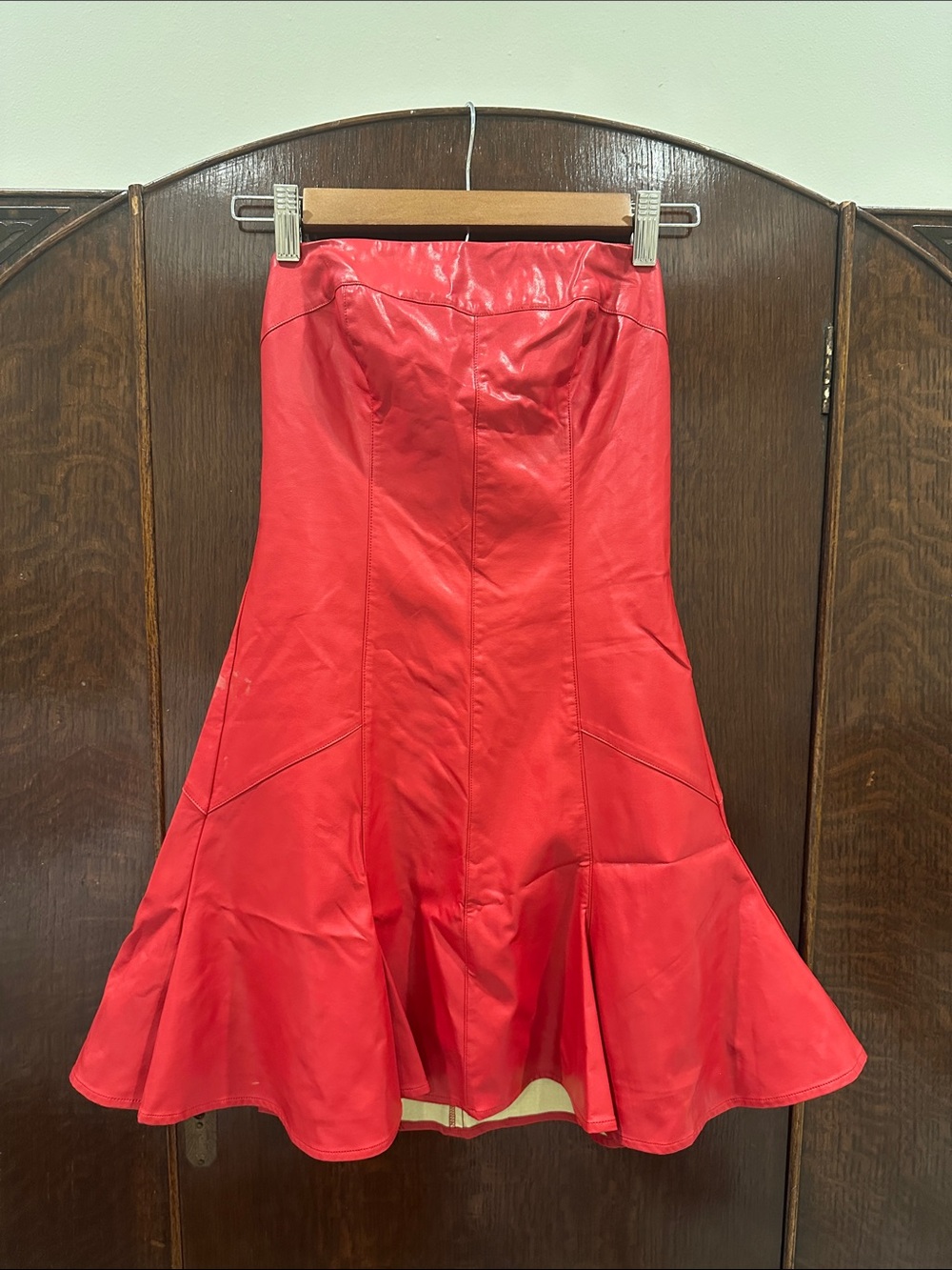 Red Strapless Faux-Leather Mini Dress